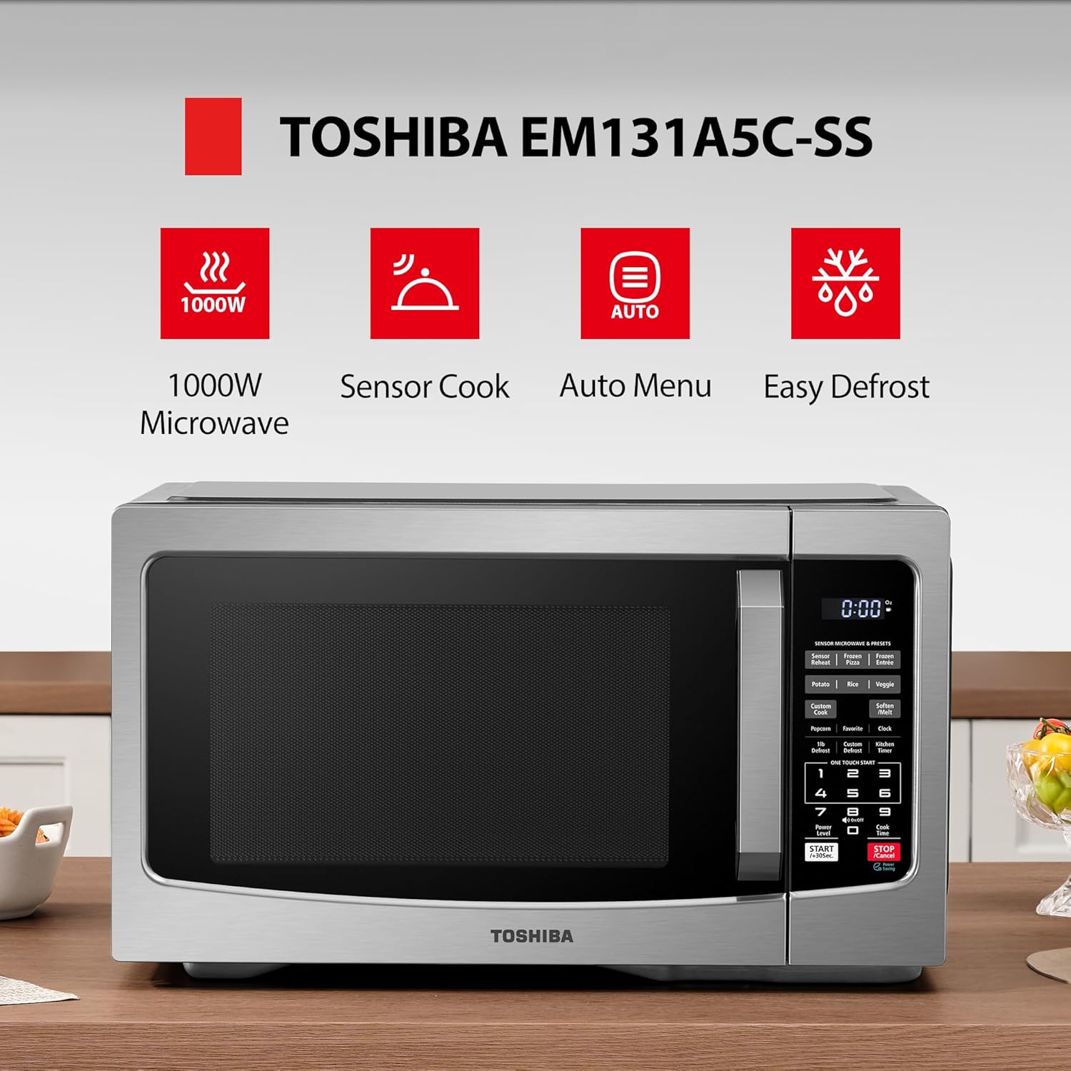 TOSHIBA Countertop Microwave Oven, 1.2 Cu.Ft, 1000W, Stainless Steel | Smart Humidity Sensor, 12 Auto Menus, Mute Function, ECO Mode, Easy Clean Interior - Image 2