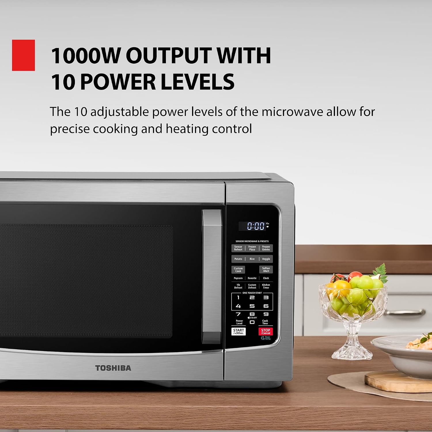 TOSHIBA Countertop Microwave Oven, 1.2 Cu.Ft, 1000W, Stainless Steel | Smart Humidity Sensor, 12 Auto Menus, Mute Function, ECO Mode, Easy Clean Interior - Image 6