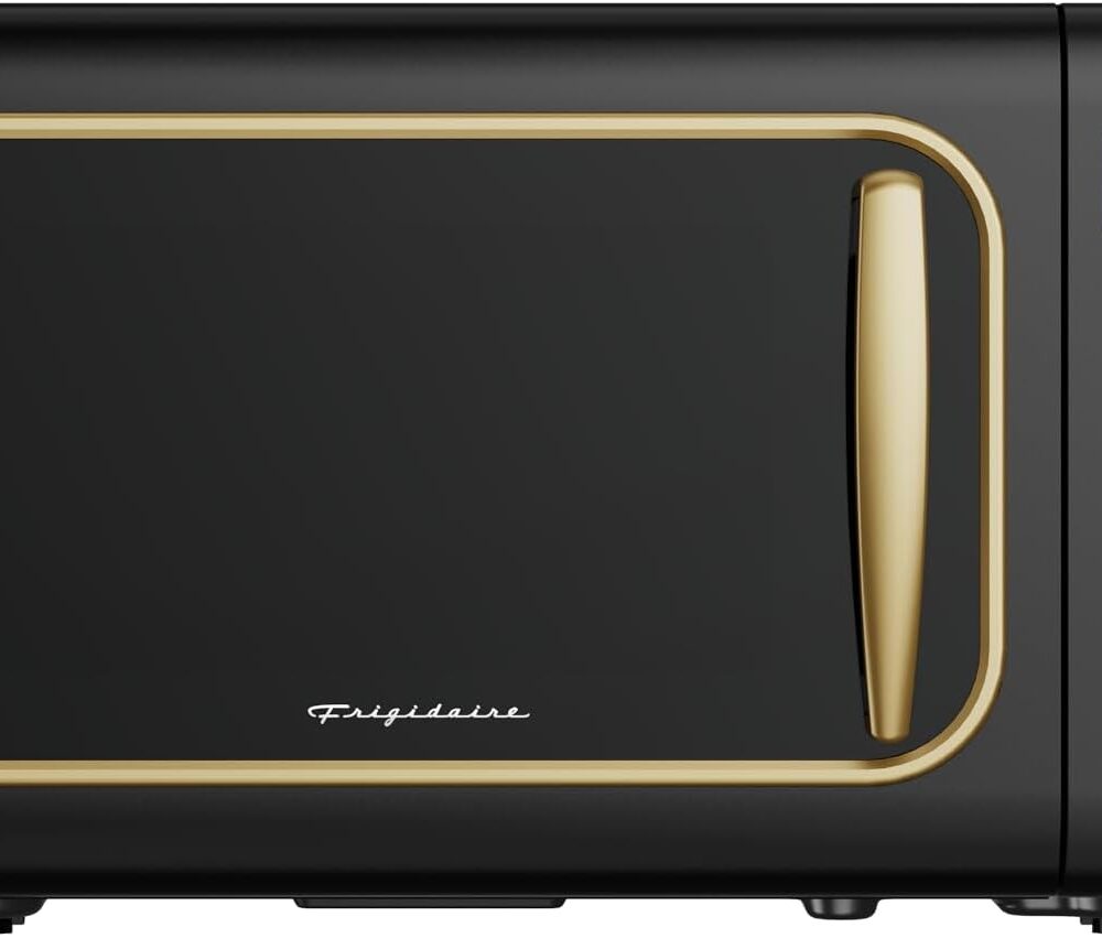 Frigidaire, 0.7 Cu. Ft. Retro Countertop Microwave Oven, 700W Compact Microwave with 8 Auto Cook Menus, Auto Defrost, 5 Power Levels, LED Display, Glass Turntable, Black Gold