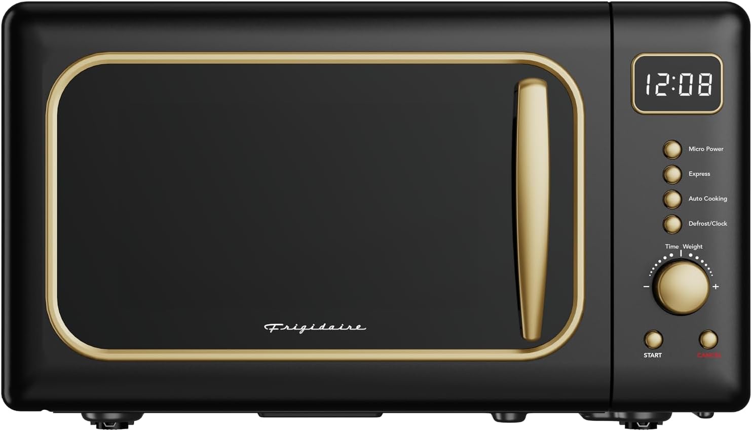 Frigidaire, 0.7 Cu. Ft. Retro Countertop Microwave Oven, 700W Compact Microwave with 8 Auto Cook Menus, Auto Defrost, 5 Power Levels, LED Display, Glass Turntable, Black Gold