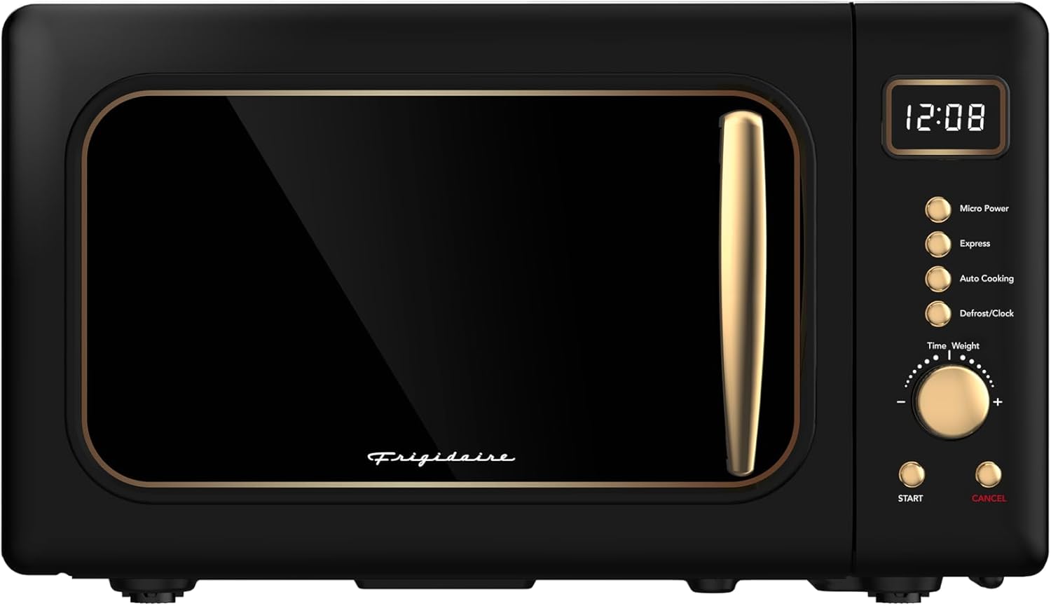 Frigidaire, 0.7 Cu. Ft. Retro Countertop Microwave Oven, 700W Compact Microwave with 8 Auto Cook Menus, Auto Defrost, 5 Power Levels, LED Display, Glass Turntable, Black Gold - Image 3