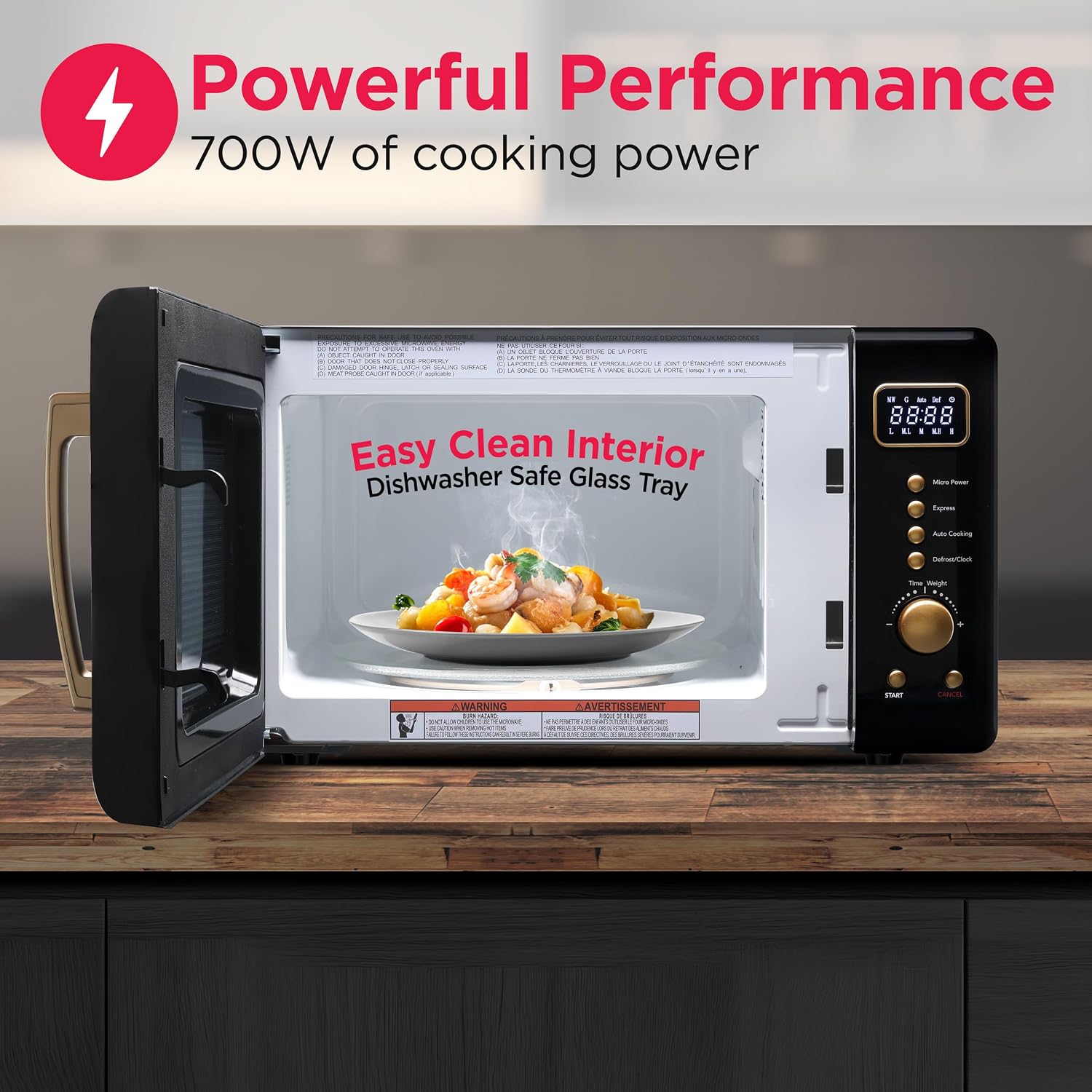 Frigidaire, 0.7 Cu. Ft. Retro Countertop Microwave Oven, 700W Compact Microwave with 8 Auto Cook Menus, Auto Defrost, 5 Power Levels, LED Display, Glass Turntable, Black Gold - Image 6