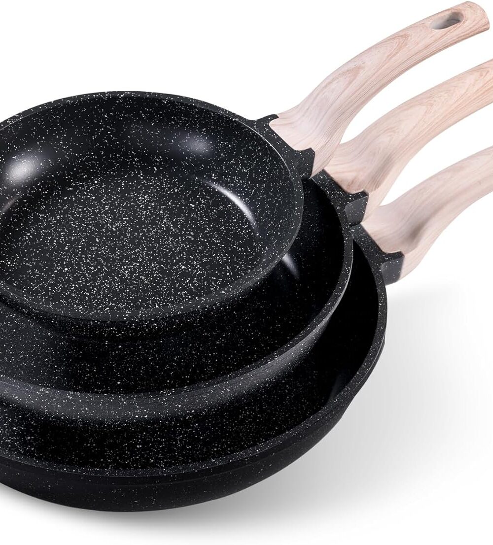 CAROTE Non Stick Frying Pan, Black 8"+10"+12" Granite Skillet Set | Healthy Non Toxic Cookware Set with Heat-Resistant Handle, Induction Compatible, Easy to Clean, PFOA-Free