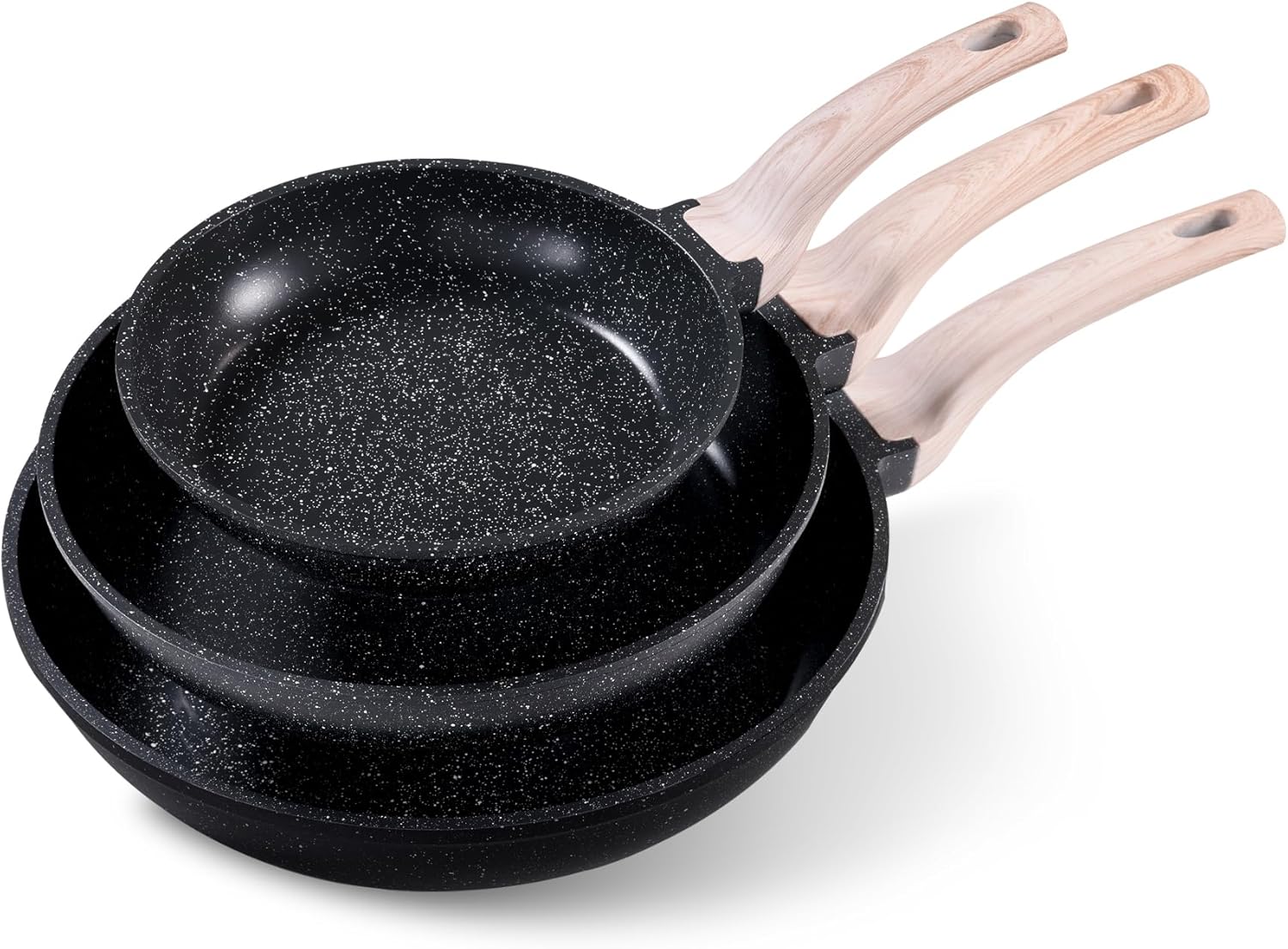 CAROTE Non Stick Frying Pan, Black 8"+10"+12" Granite Skillet Set | Healthy Non Toxic Cookware Set with Heat-Resistant Handle, Induction Compatible, Easy to Clean, PFOA-Free
