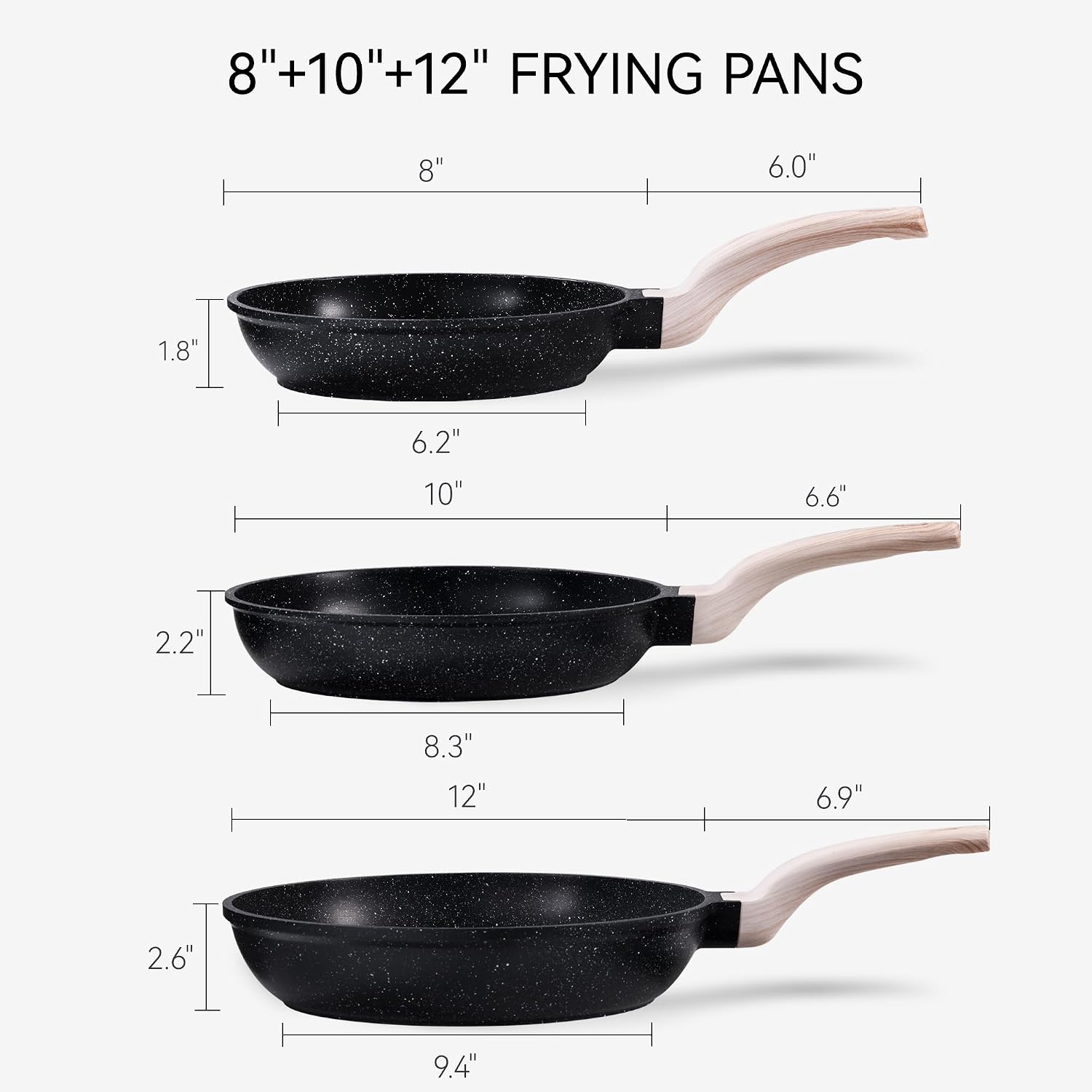 CAROTE Non Stick Frying Pan, Black 8"+10"+12" Granite Skillet Set | Healthy Non Toxic Cookware Set with Heat-Resistant Handle, Induction Compatible, Easy to Clean, PFOA-Free - Image 2