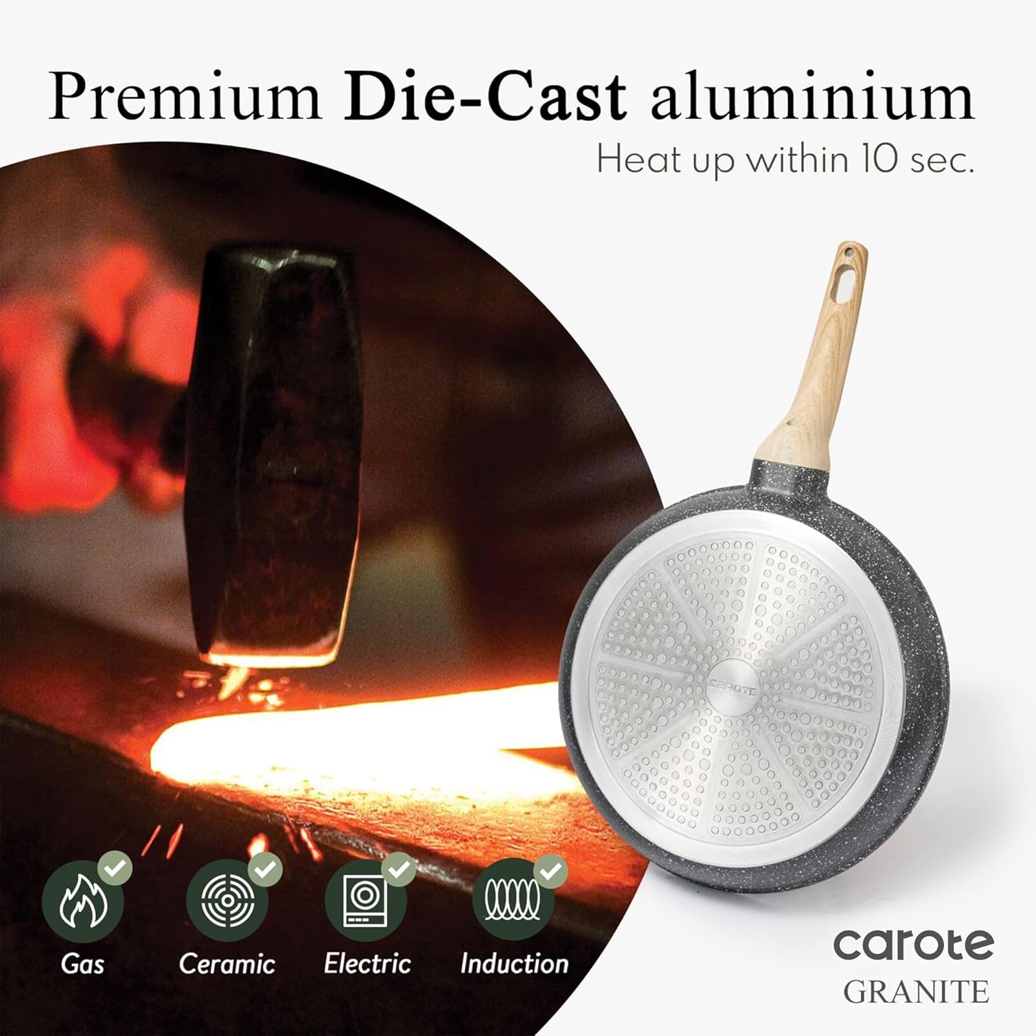 CAROTE Non Stick Frying Pan, Black 8"+10"+12" Granite Skillet Set | Healthy Non Toxic Cookware Set with Heat-Resistant Handle, Induction Compatible, Easy to Clean, PFOA-Free - Image 7